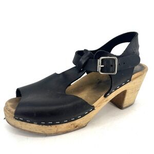 Lottas Black Leather Wood Platform Slingback‎ Clogs Sandals Women Size 38